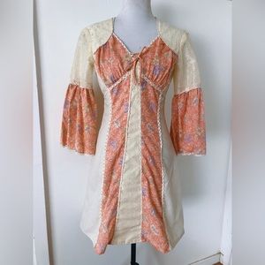 Vintage 60s 70s Prairie Mini Dress / Renaissance Revival Bell Sleeve Mini Dress